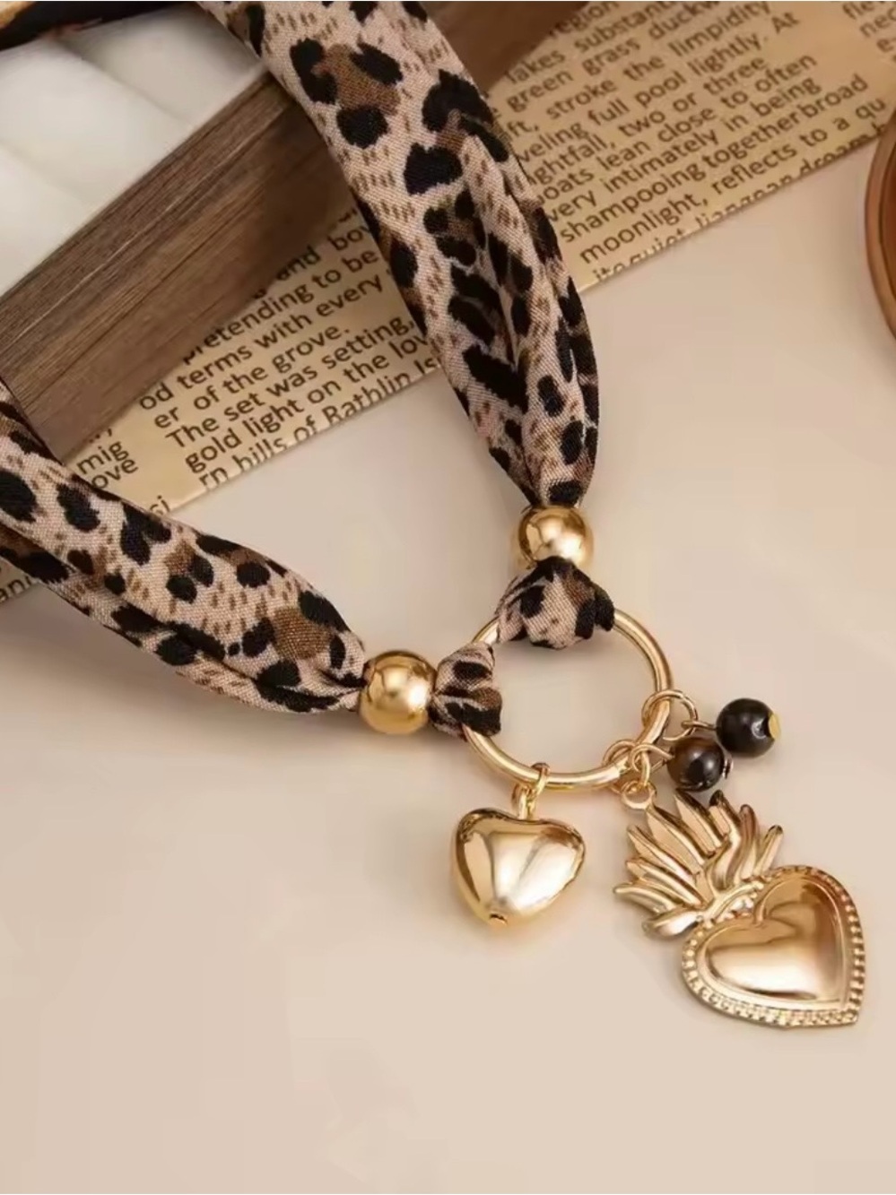 Gold Heart Charm Leopard Print Scarf Necklace- Women Jewelry